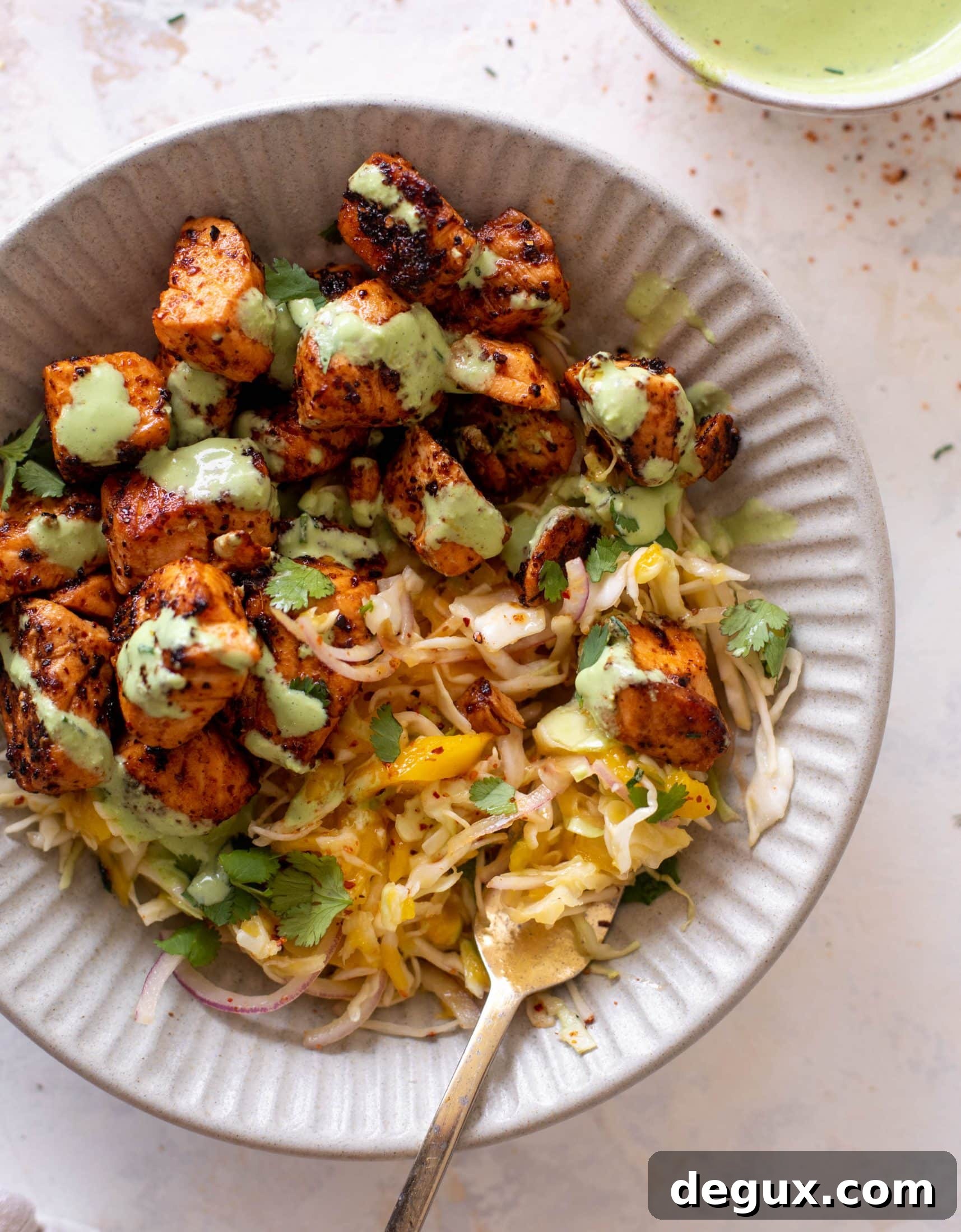 Chili-Lime Salmon Bites with Tangy Mango Slaw 12 chili lime salmon bites with mango slaw