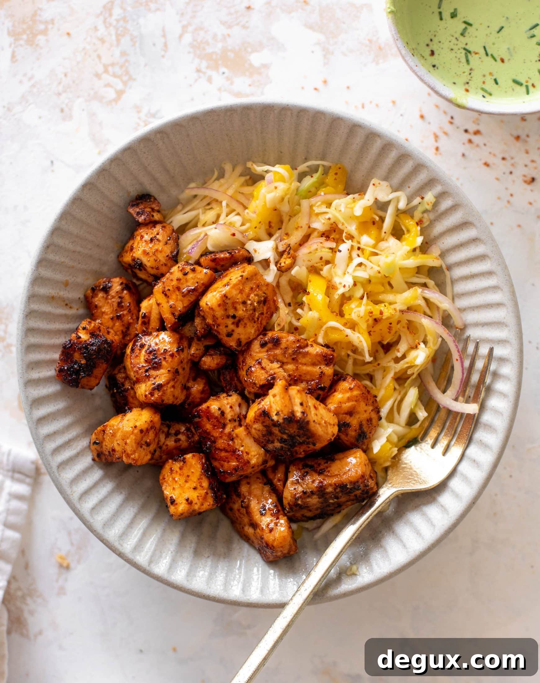 Chili-Lime Salmon Bites with Tangy Mango Slaw 5 chili lime salmon bites with mango slaw