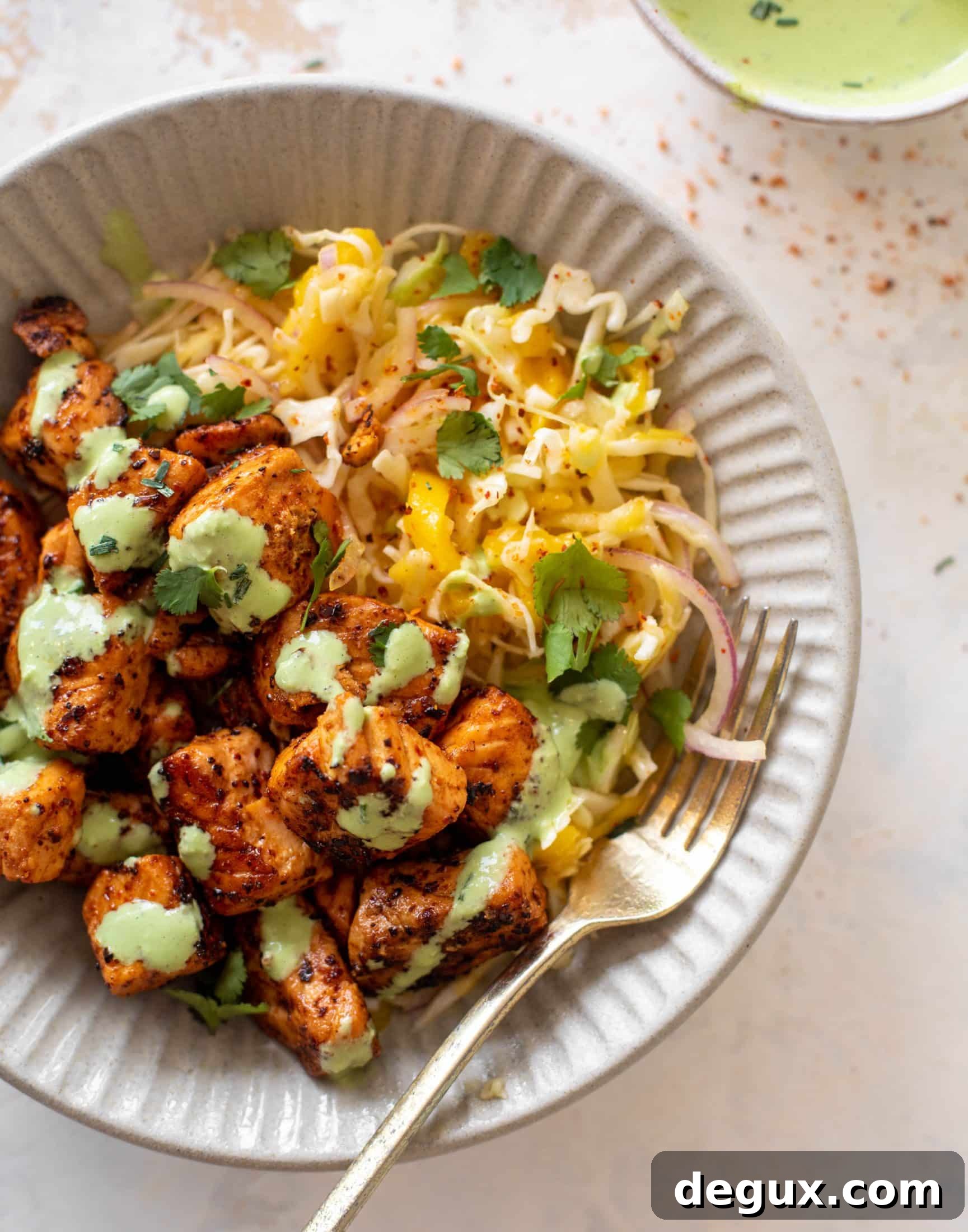 Chili-Lime Salmon Bites with Tangy Mango Slaw 9 chili lime salmon bites with mango slaw