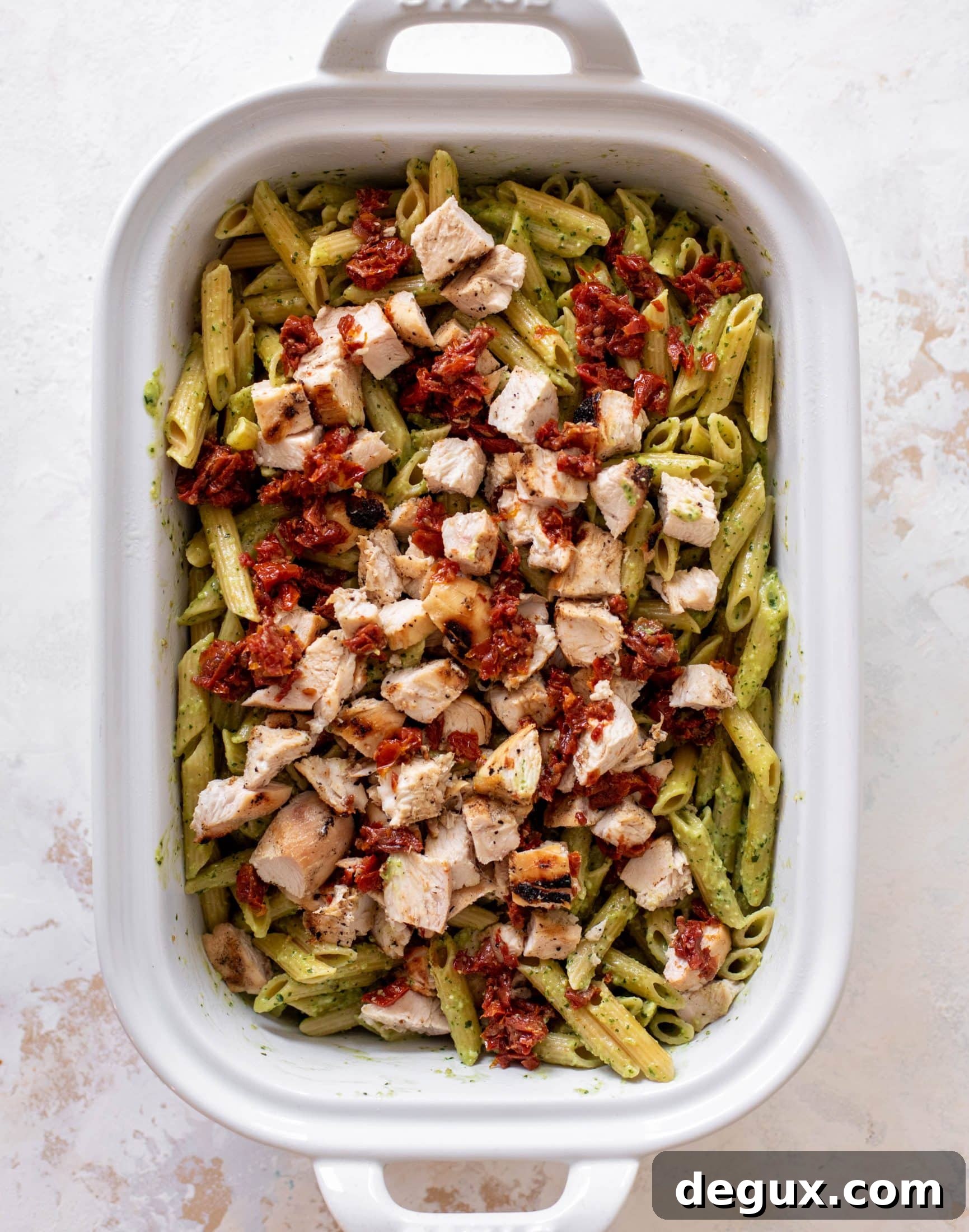 grilled chicken pesto pasta bake