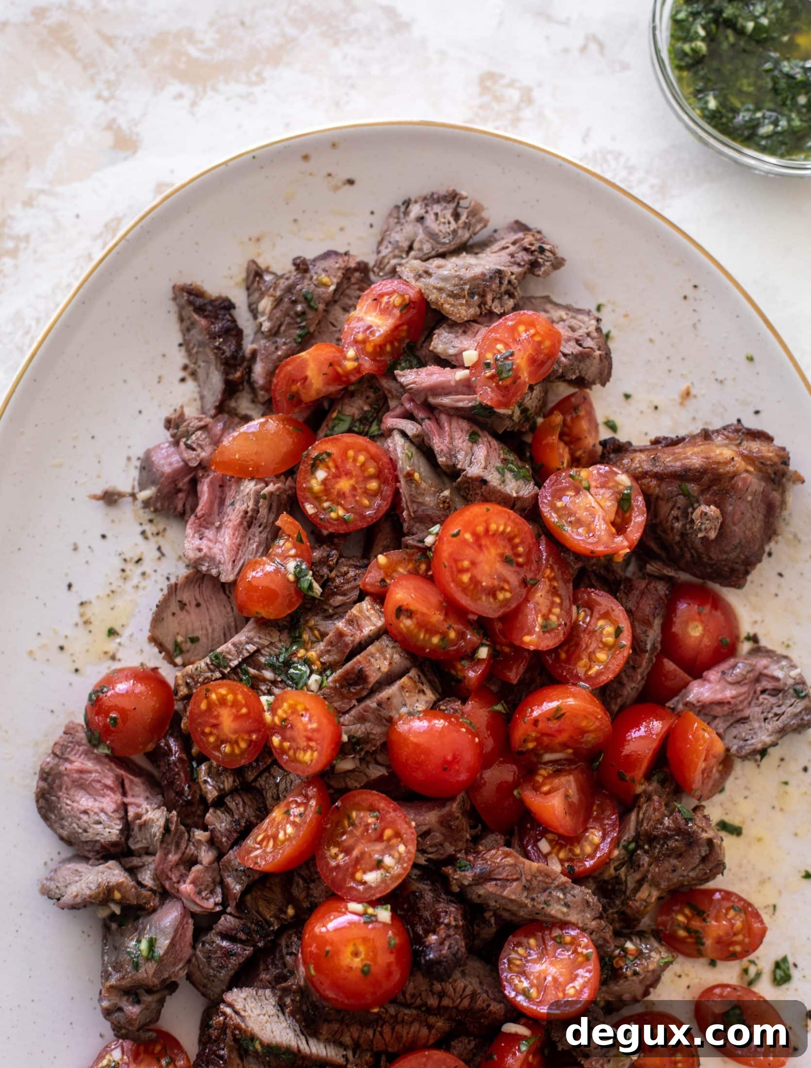 Grilled Steak with Spicy Marinated Tomatoes and Chimichurri 8 grilled steak with spicy marinated tomatoes