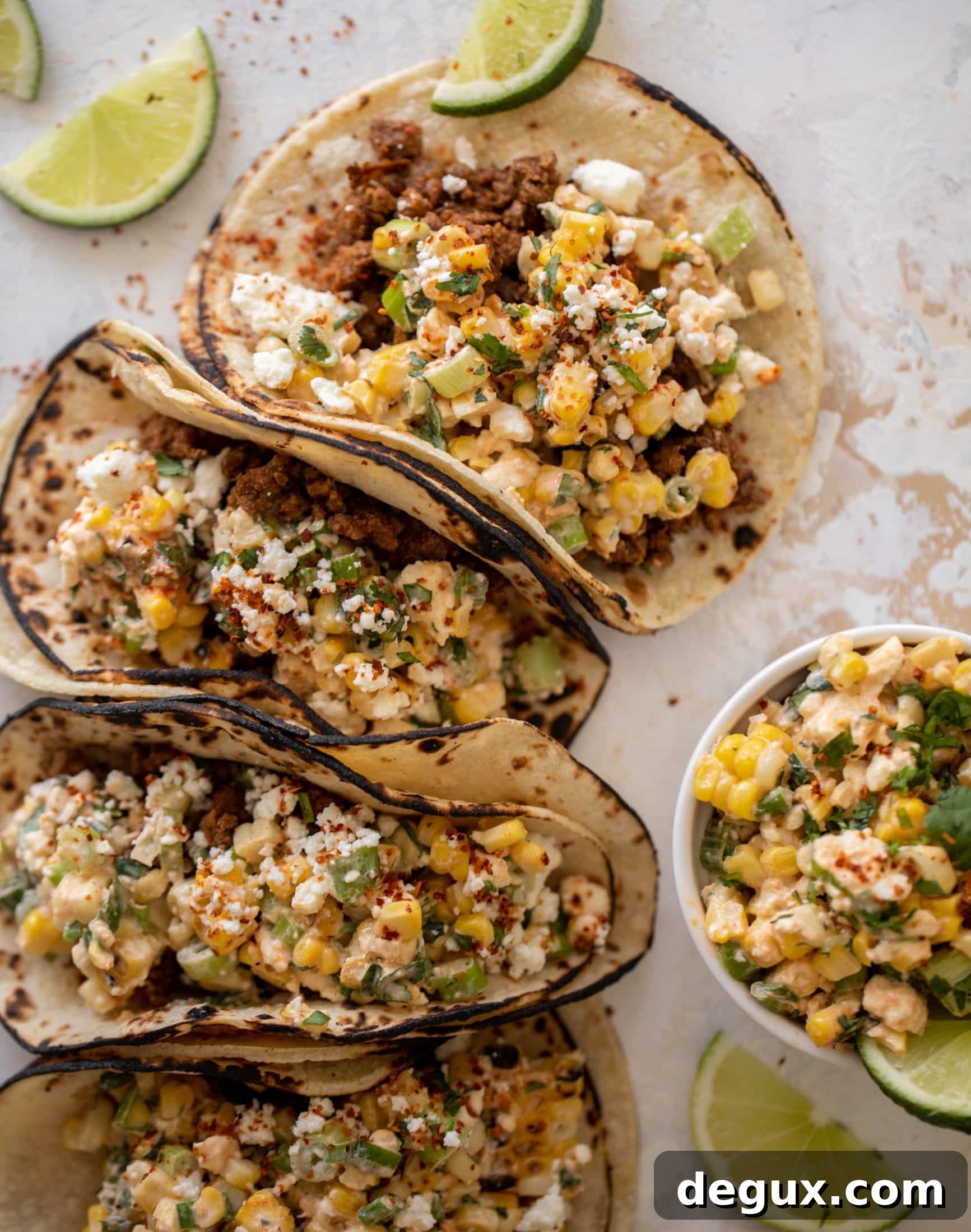 creamy street corn beef tacos