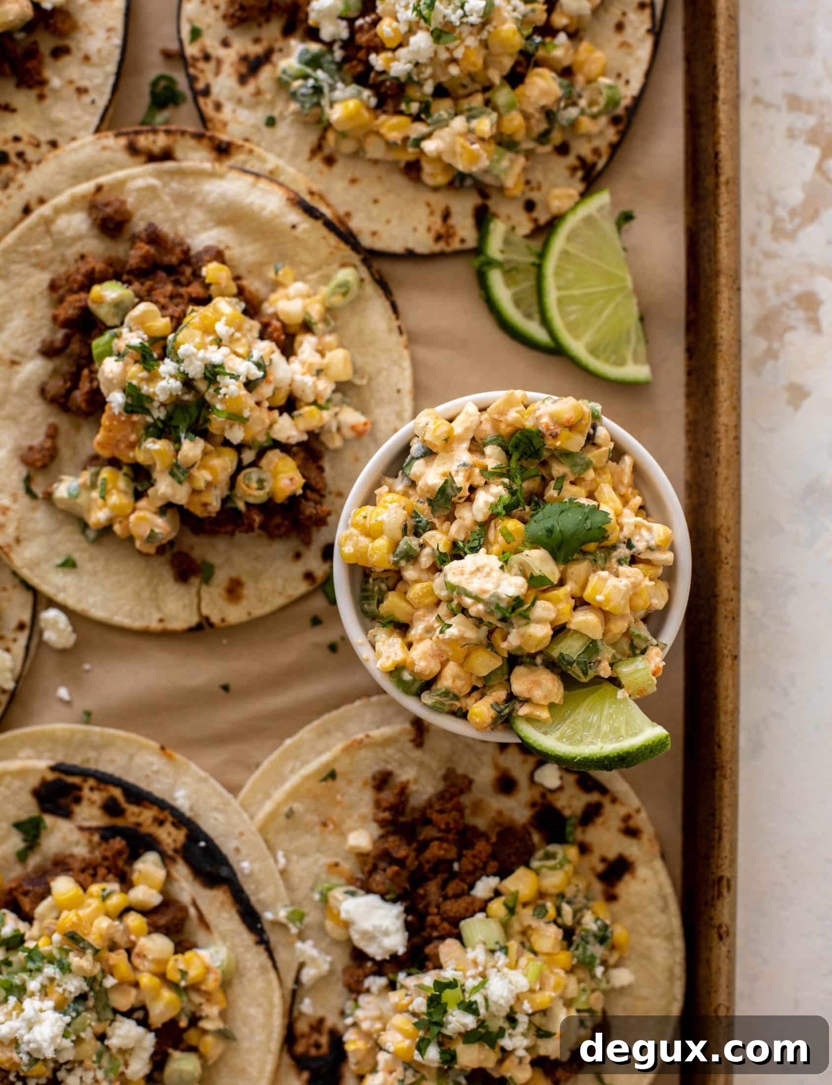creamy street corn beef tacos