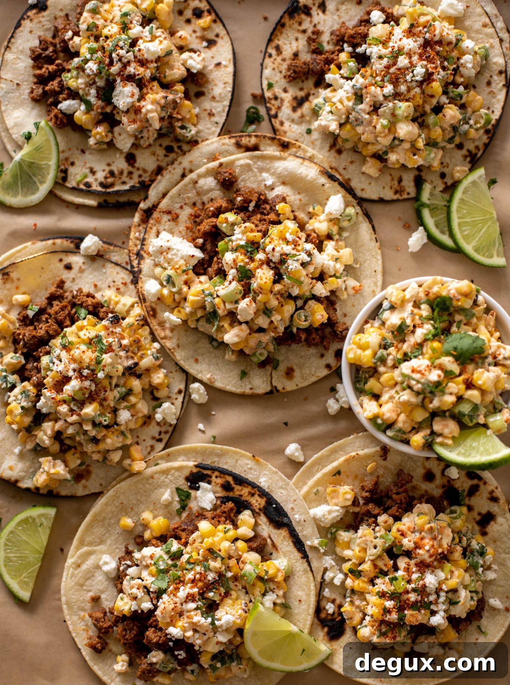 creamy street corn beef tacos